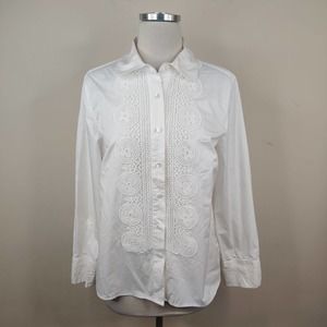 Talbots Button Up Shirt Cotton Crochet Lace Trim Long Sleeve